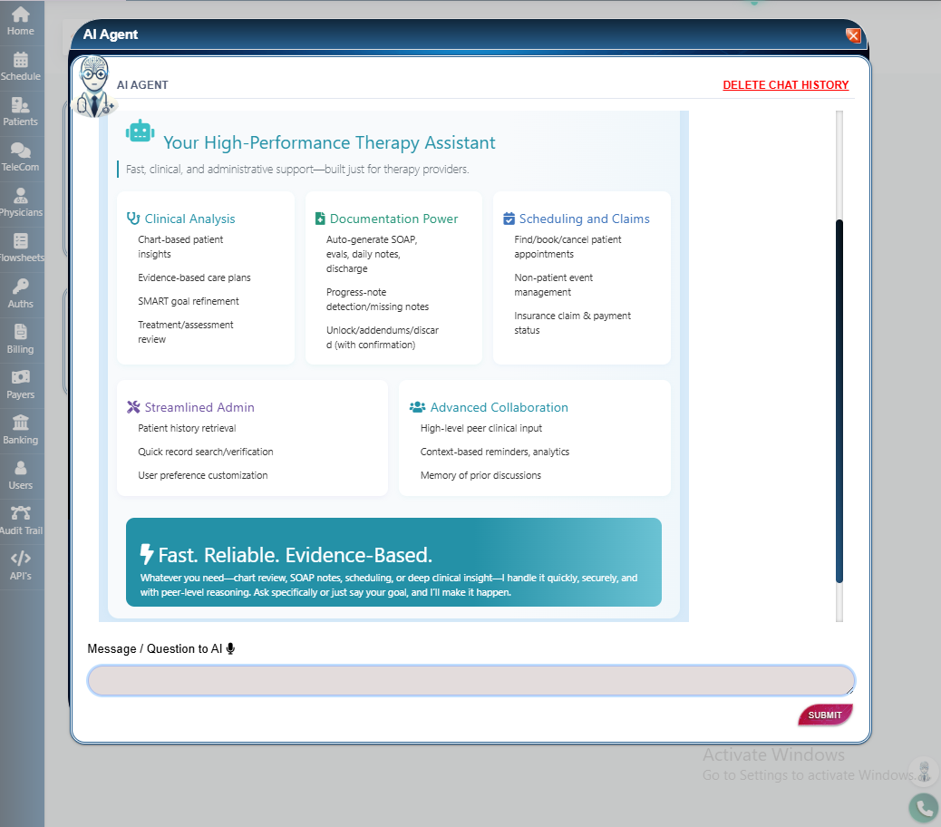 PBS EMR interface showing telephony, AI notes, eligibility, and billing modules